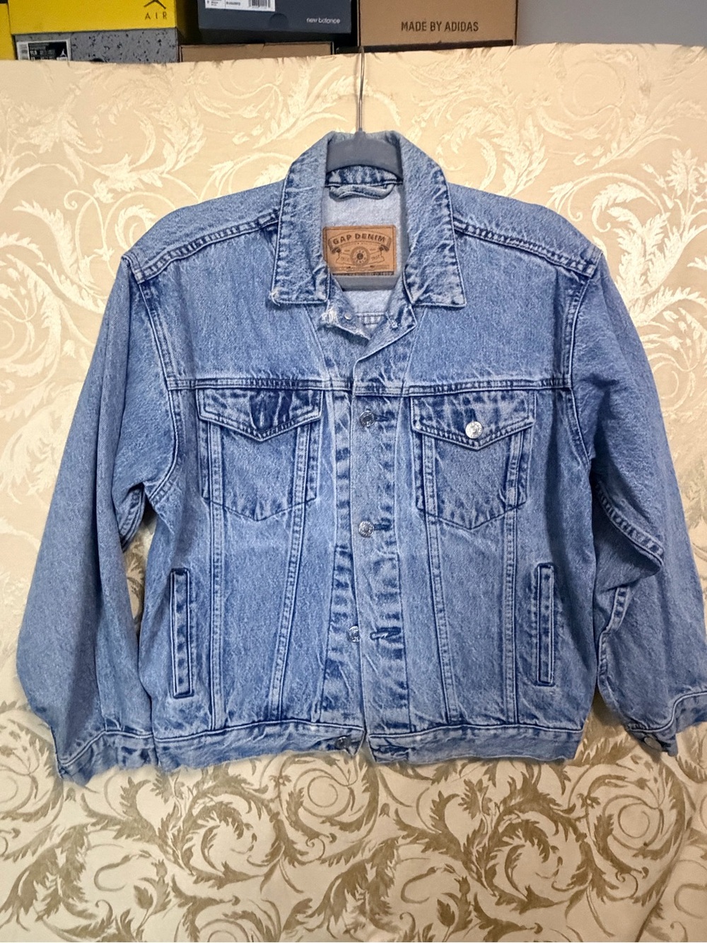 GAP Light Blue Denim Jacket with Tan Leather Patch